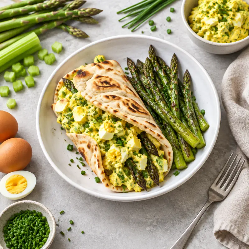 Curried Egg Salad Naan Wrap with Roasted Asparagus & Chives, plated