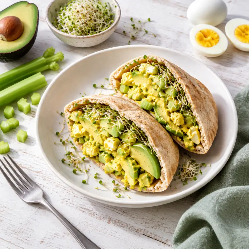 Curried Egg Salad Pita Wrap with Avocado & Alfalfa Sprouts, plated