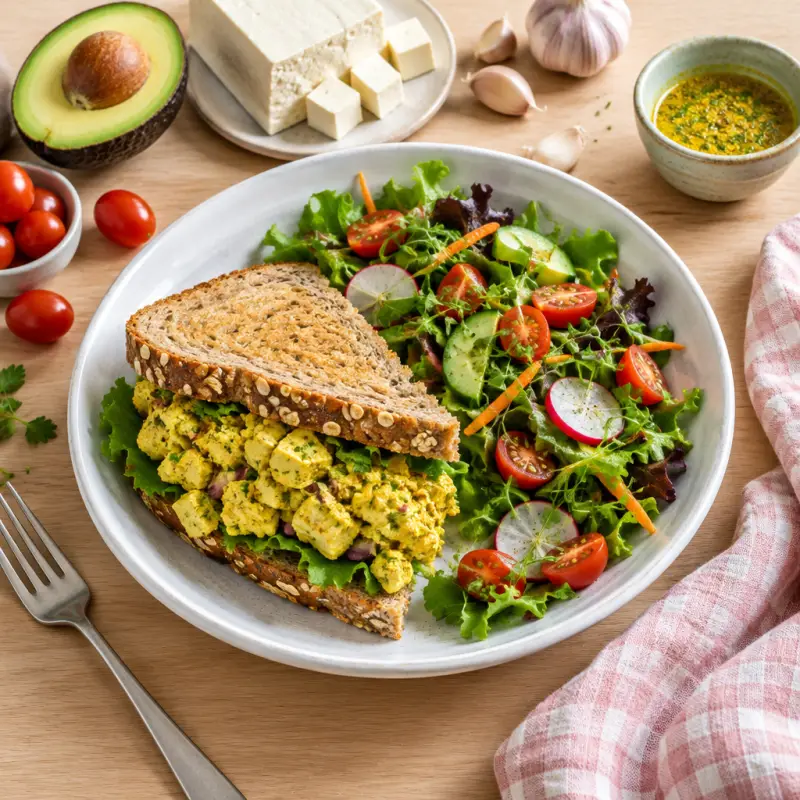 Curried Eggless Salad Sandwich with Spring Salad, plated