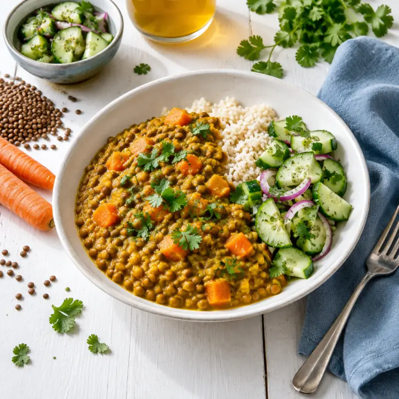 Curried Lentil Dal with a Cucumber Salad, plated