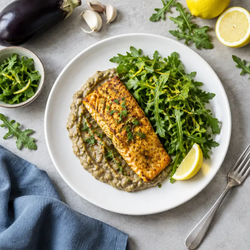 Curried Salmon with Eggplant Puree & Lemony Arugula, plated