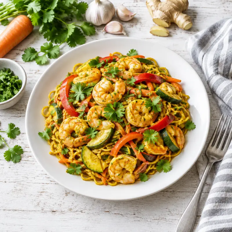 Curried Shrimp Stir-Fry with Noodles, Zucchini, Bell Pepper & Cilantro, plated