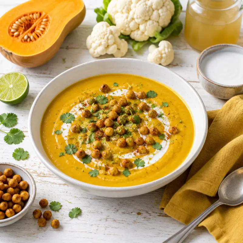 Curry-Lime Butternut Squash & Cauliflower Soup with Crispy Chickpeas, plated