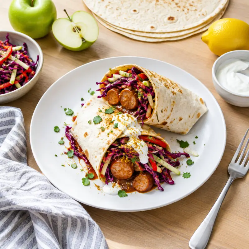 "Currywurst" Sausage Wrap with Red Cabbage, Bell Pepper & Apple Slaw, plated