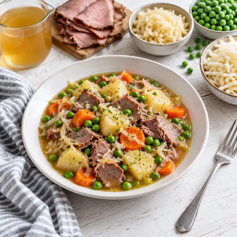 Deli Roast Beef Stew with Sauerkraut, Potatoes, Carrots & Peas, plated