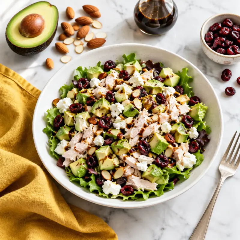 Deli Turkey Salad with Cranberries, Almonds, Goat Cheese & Balsamic, plated