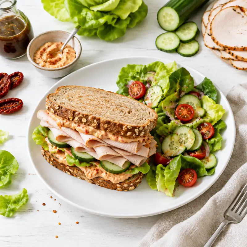 Deli Turkey Sandwich with Sun-Dried Tomato Aioli & Side Salad, plated
