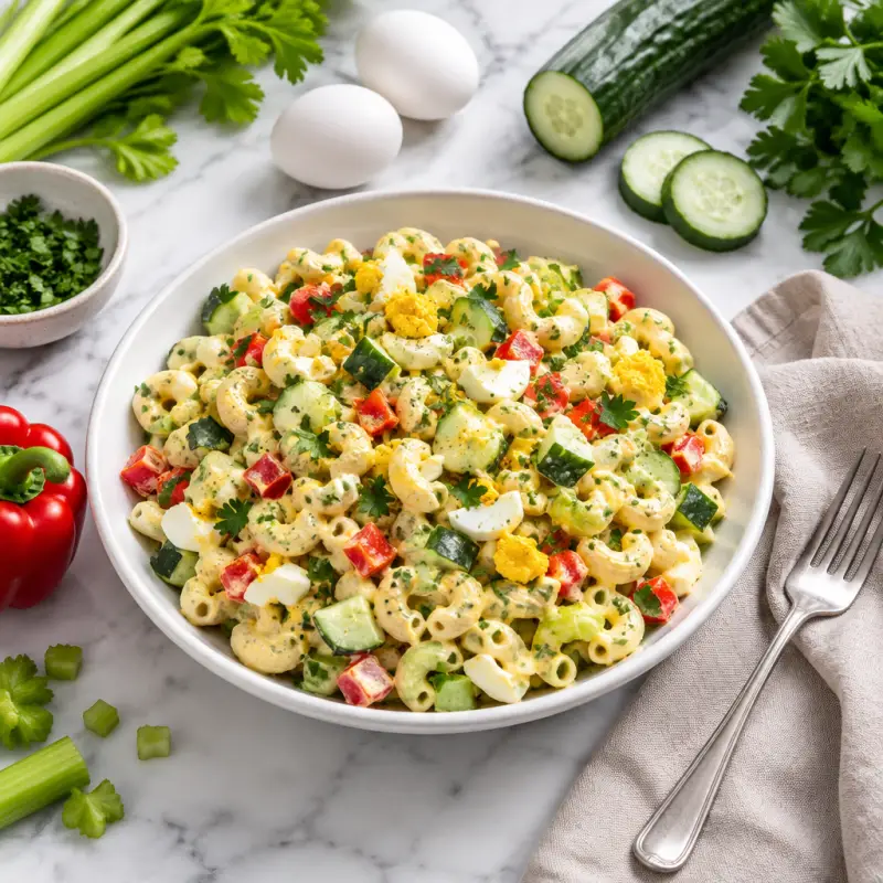 "Deviled Egg" Pasta Salad with Cucumber, Bell Pepper, Celery & Parsley, plated