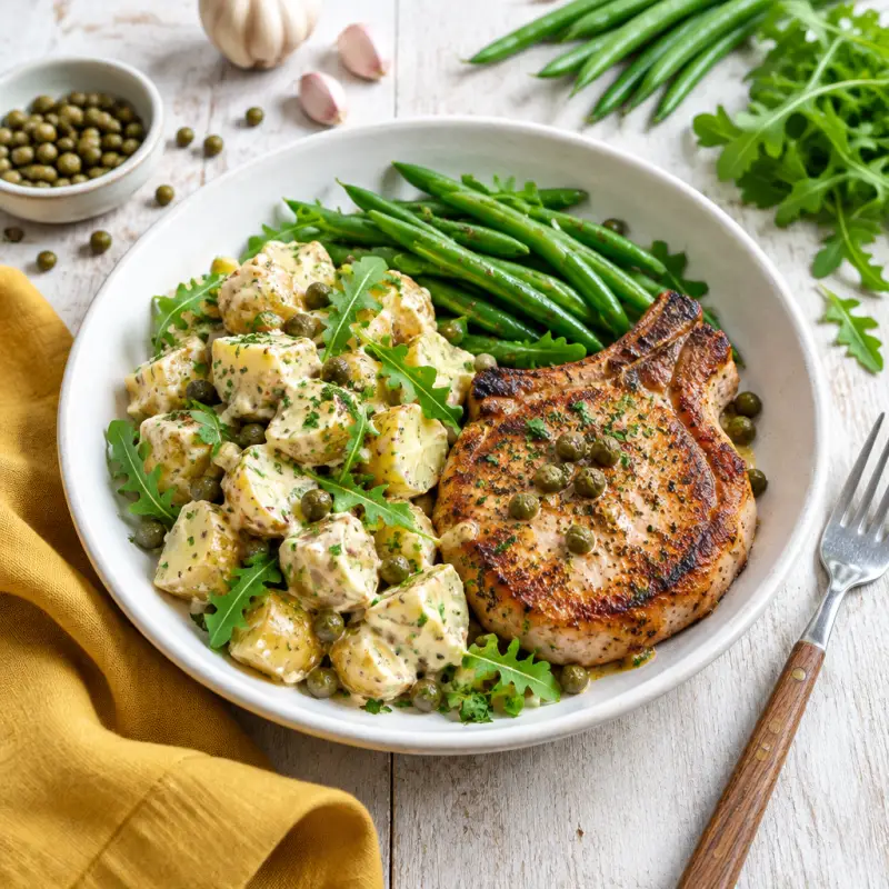 Dijon-Caper Potato Salad with Pork Chops & Green Beans, plated