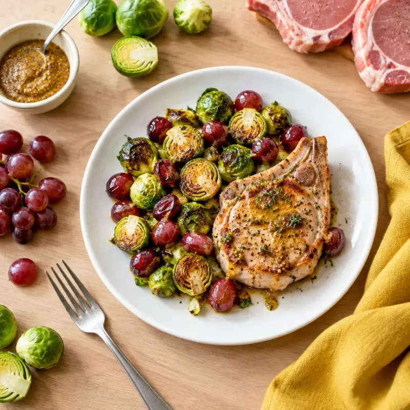 Dijon Pork Chops with Roasted Brussels Sprouts & Grapes, plated
