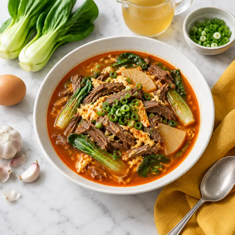 Easy Korean Stew (Yukgaejang) with Bok Choy & Radishes, plated
