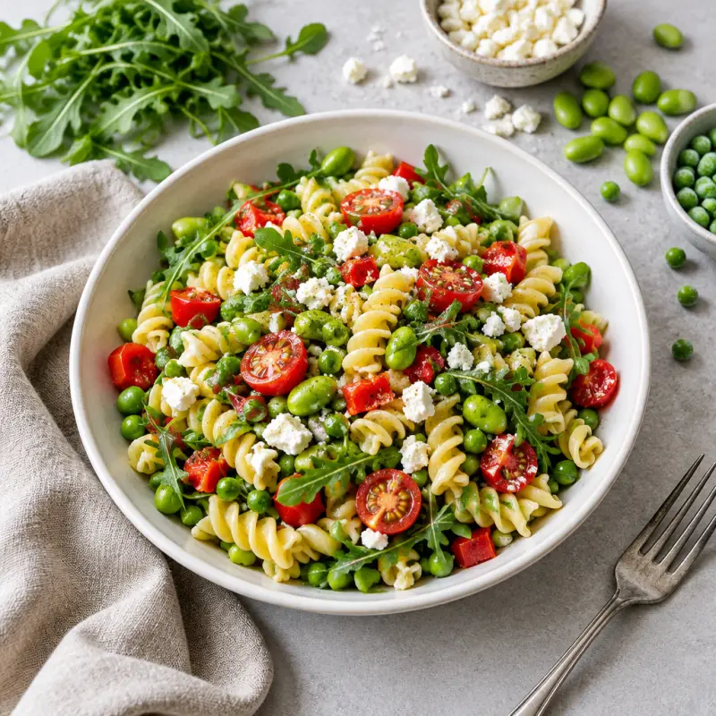 Edamame Pasta Salad with Peas, Bell Pepper, Tomato, Arugula & Feta, plated