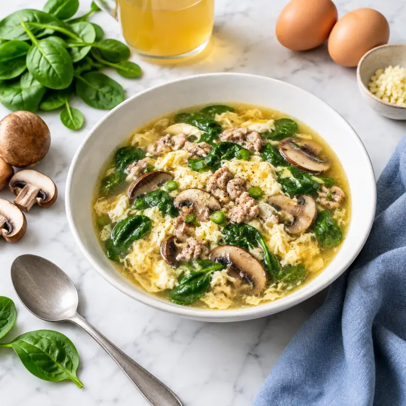 Egg Drop Soup with Pork, Spinach & Portobello Mushrooms, plated