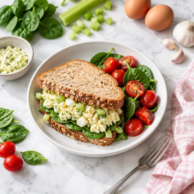 Egg Salad & Spinach Sandwich with Grape Tomatoes, plated