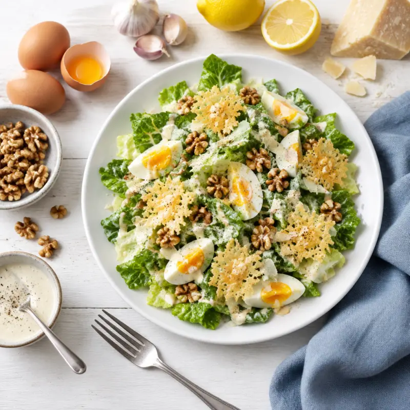 Egg & Walnut Caesar Salad with Parmesan Crisps & Creamy Dressing, plated