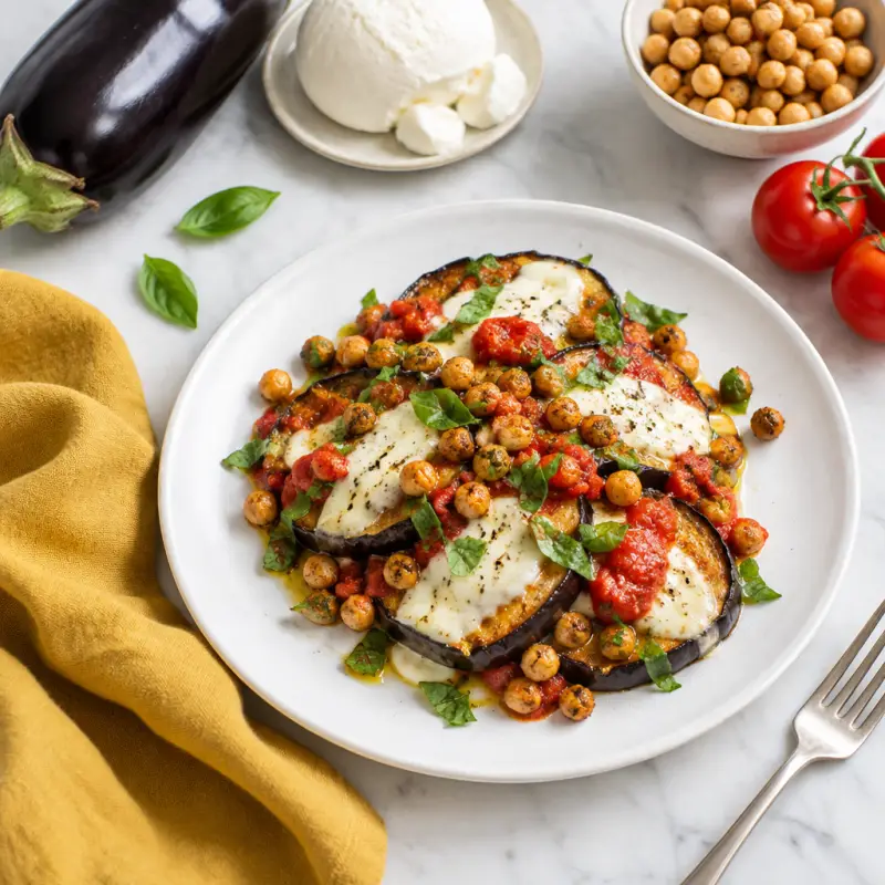 Eggplant Melts with Fresh Mozzarella & Pan-Fried Chickpeas, plated