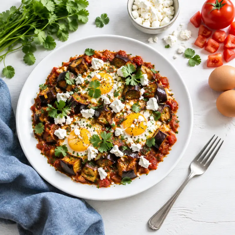 Eggplant Shakshuka (North African-Style Egg Dish) with Feta, plated