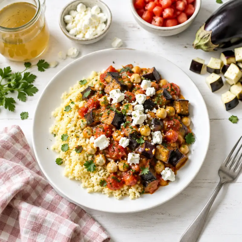 Eggplant, Tomato & Chickpea Stew with Couscous & Feta, plated