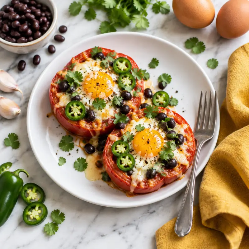 Eggs Baked in Tomatoes  with Cheese, Cilantro, and Jalapeno Pepper, plated