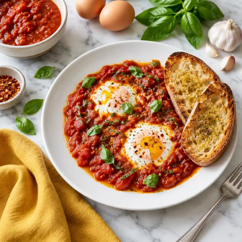 Eggs Poached in Spicy Marinara (Eggs in Purgatory) with Garlic Toast, plated