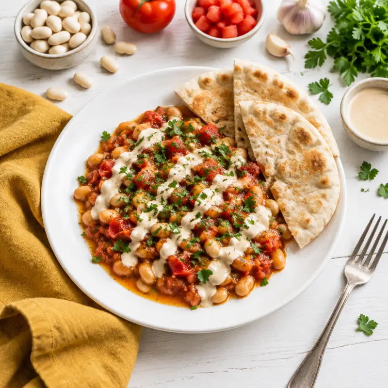 Egyptian-Inspired Breakfast Beans with Tomato, Tahini & Warm Pita, plated
