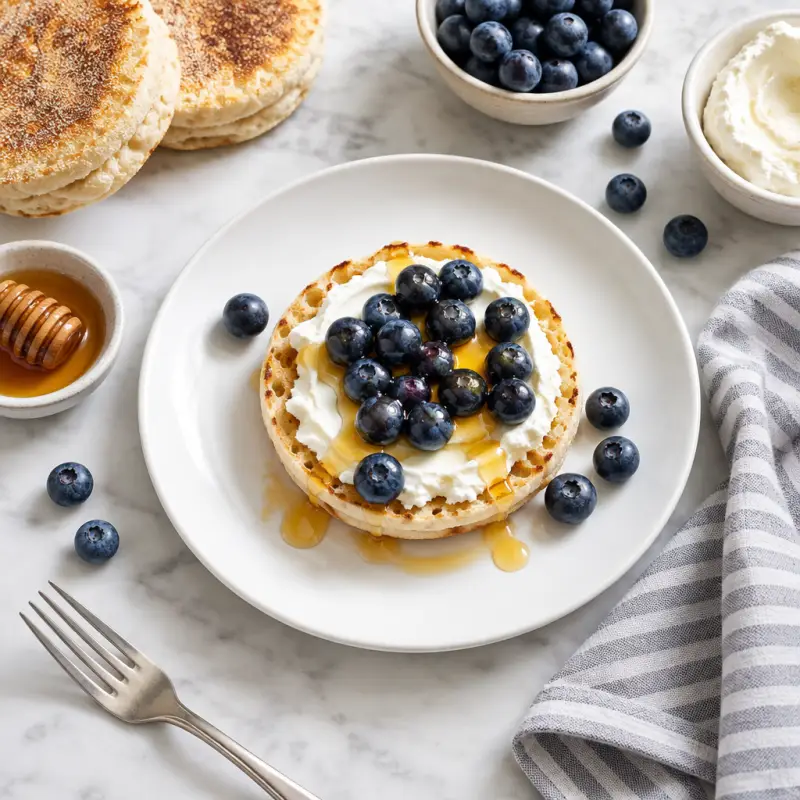 English Muffin with Cream Cheese, Blueberries & Honey, plated