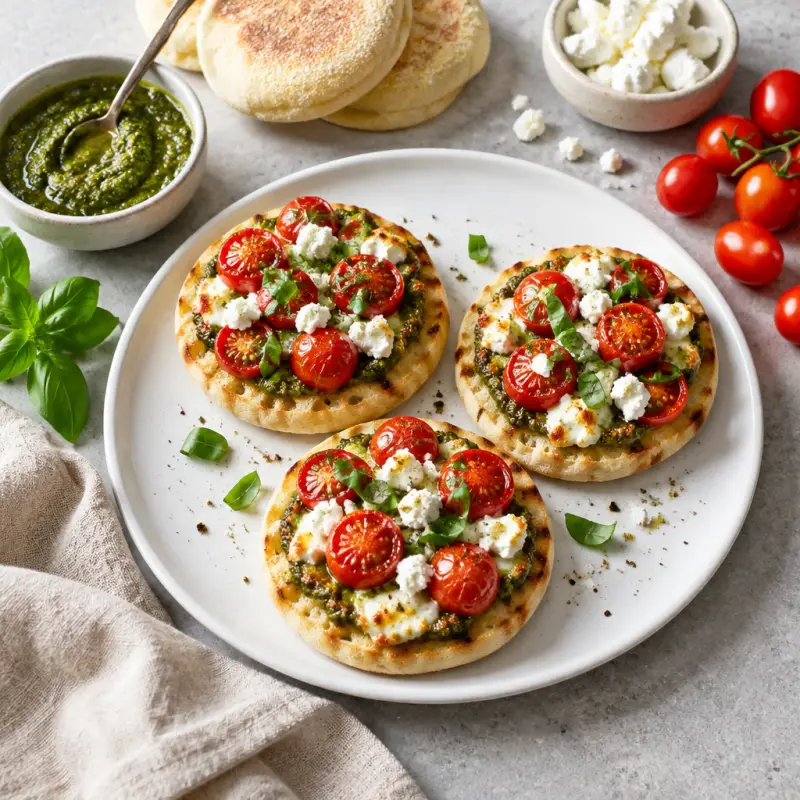 English Muffin Pizzas with Basil Pesto, Goat Cheese & Tomatoes, plated
