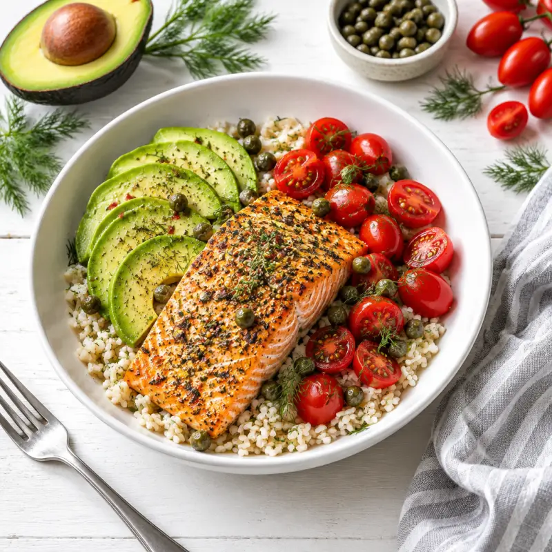 "Everything Spice" Baked Salmon Rice Bowl with Avocado & Tomatoes, plated