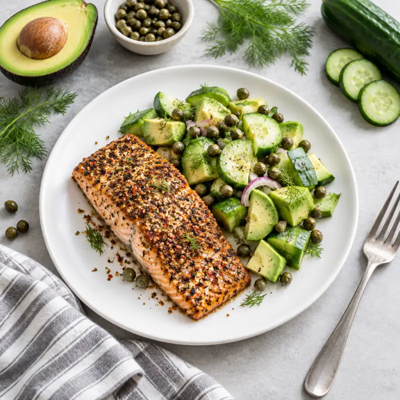 "Everything Spice" Crusted Salmon with Avocado, Cucumber & Caper Salad, plated