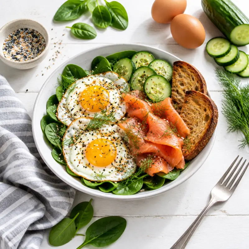 "Everything Spice" Fried Egg Bowl with Spinach, Smoked Salmon & Toast, plated