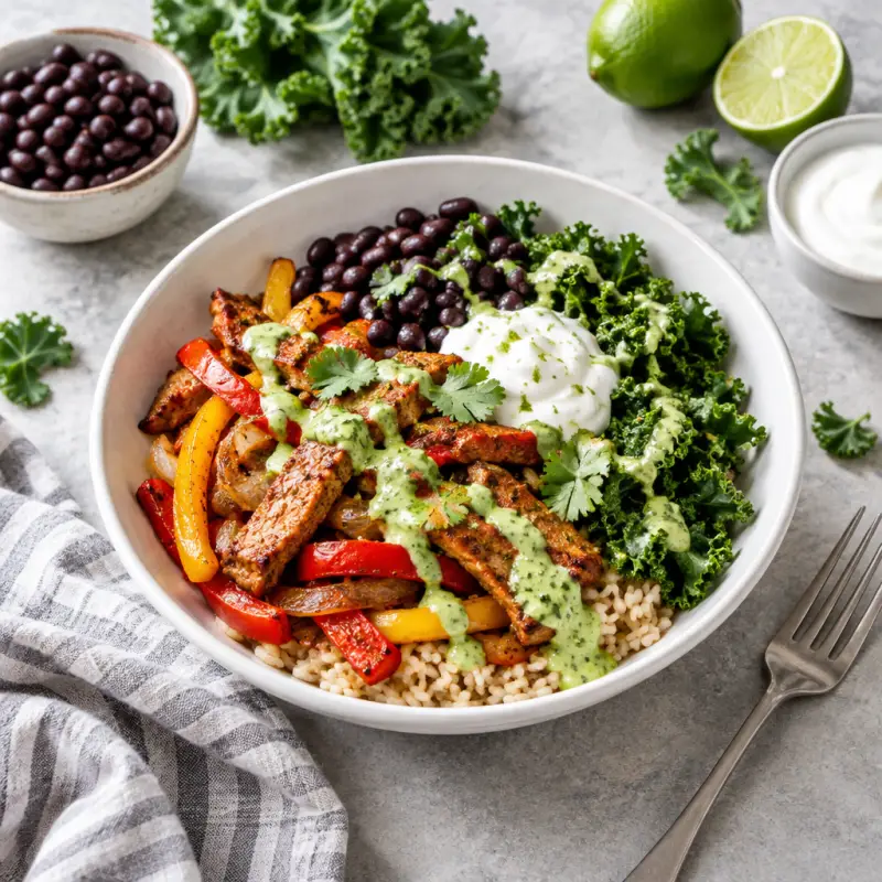 Fajita-Style Pork Bowl with Bell Peppers, Onions, Kale & Lime Sauce, plated