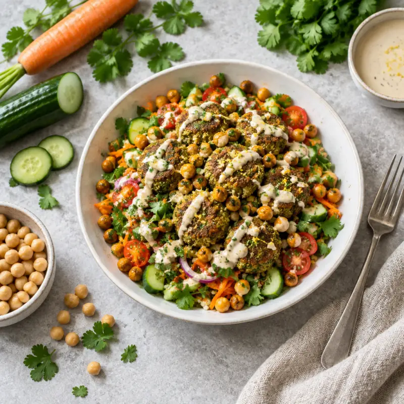 Falafel-Inspired Salad with Crispy Chickpeas & Lemon Tahini Dressing, plated