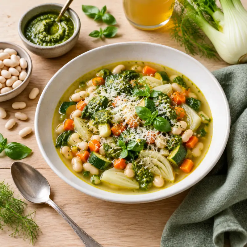 Fennel-White Bean Soup with Mixed Vegetables, Basil Pesto & Parmesan, plated