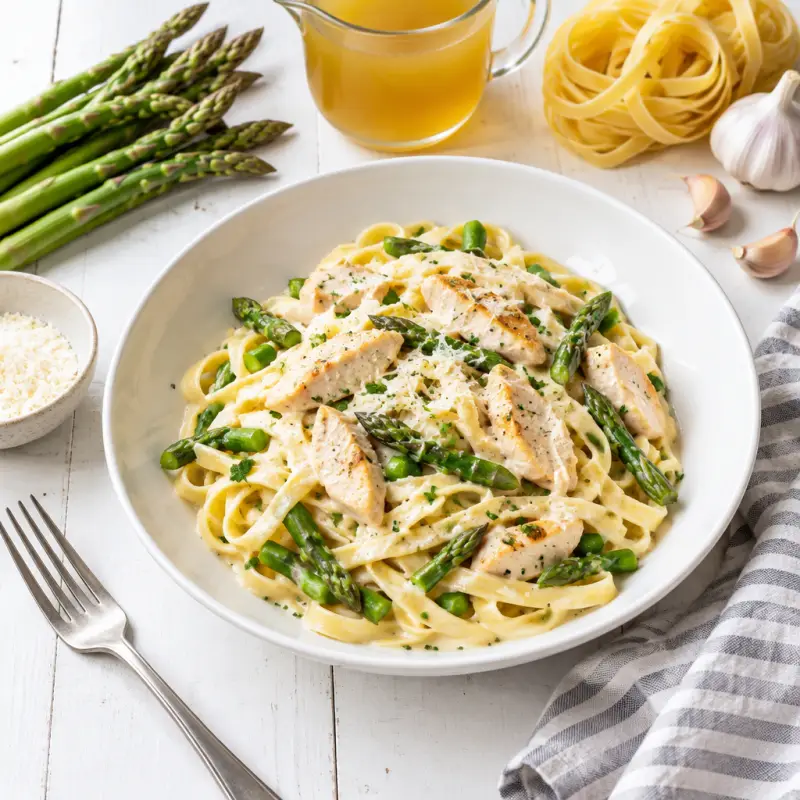 Fettuccine Alfredo with Asparagus, plated
