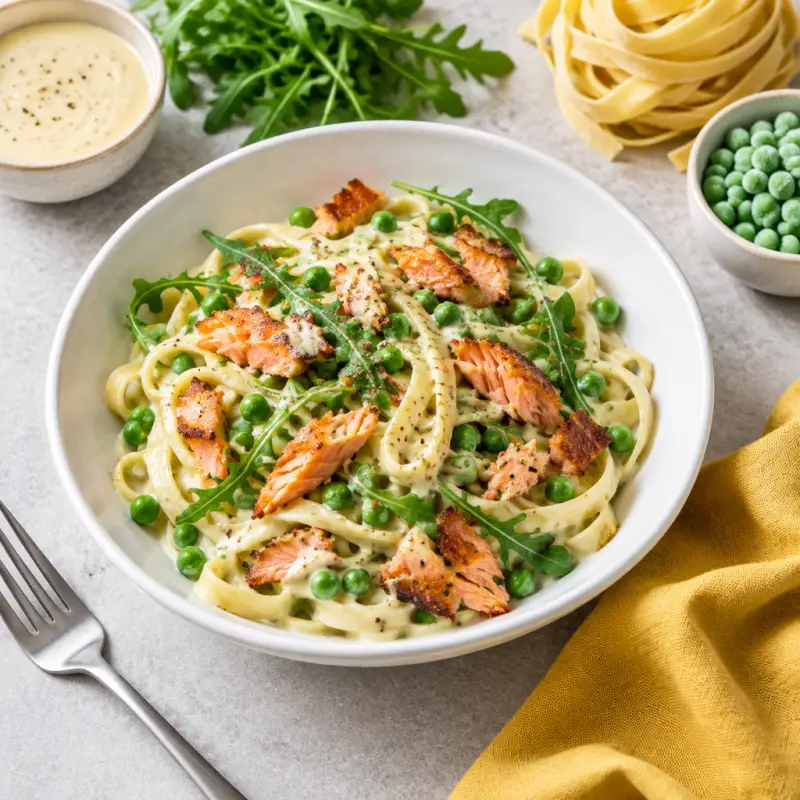 Fettuccine Alfredo with Crispy Smoked Salmon & Honey-Mustard Arugula, plated