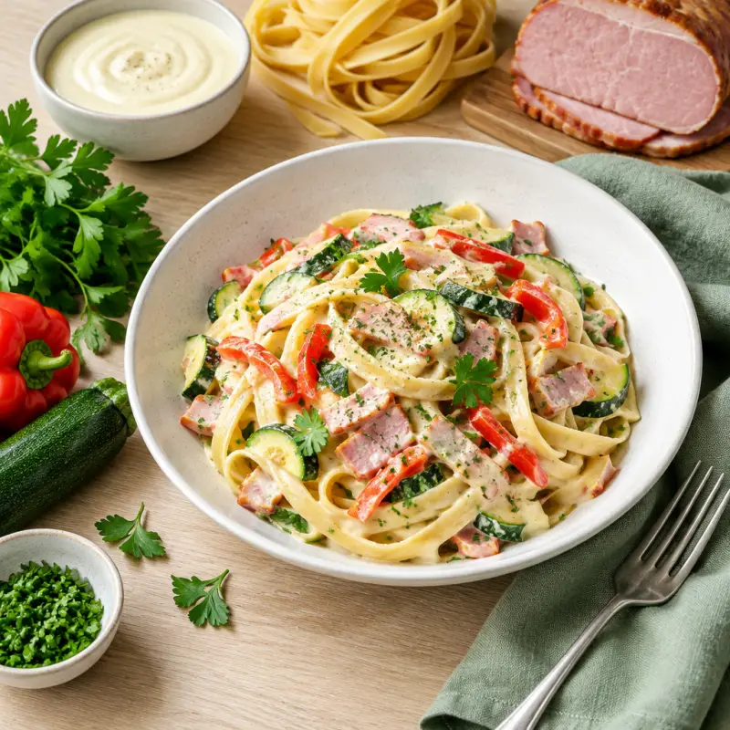 Fettuccine Alfredo with Ham, Bell Pepper, Zucchini & Parsley, plated