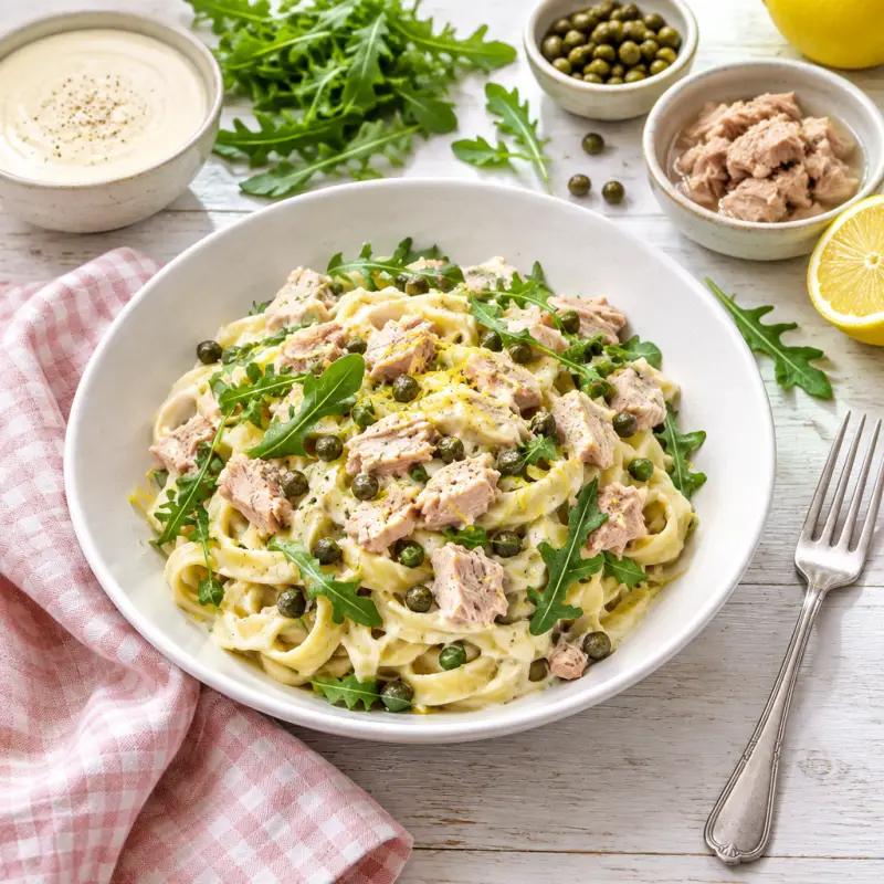 Fettuccine Alfredo with Tuna, Capers, Lemon & Arugula Salad, plated