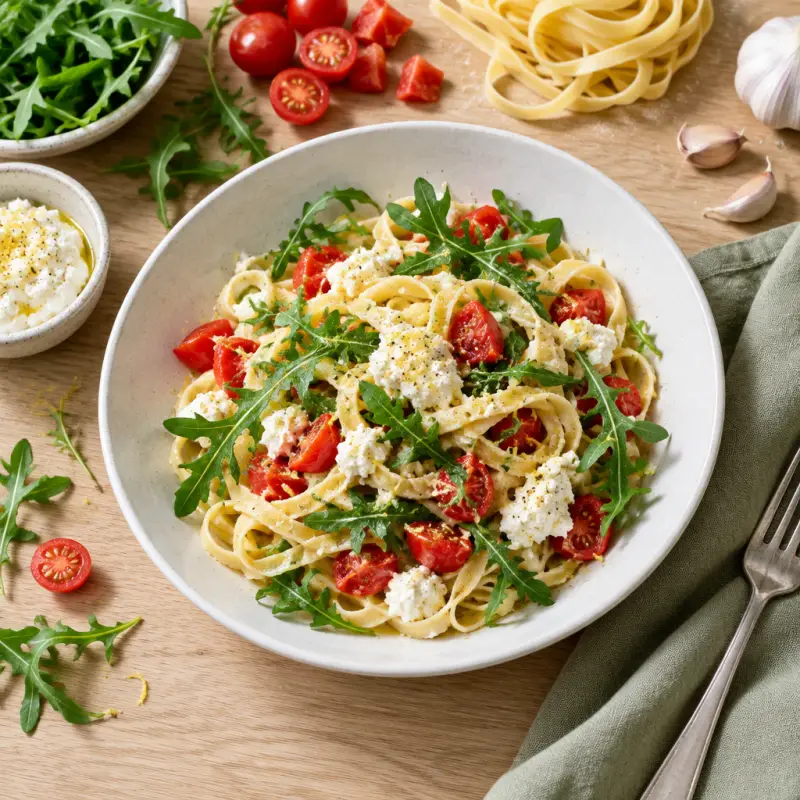 Fettuccine with Tomatoes, Ricotta & Lemony Dressed Arugula, plated