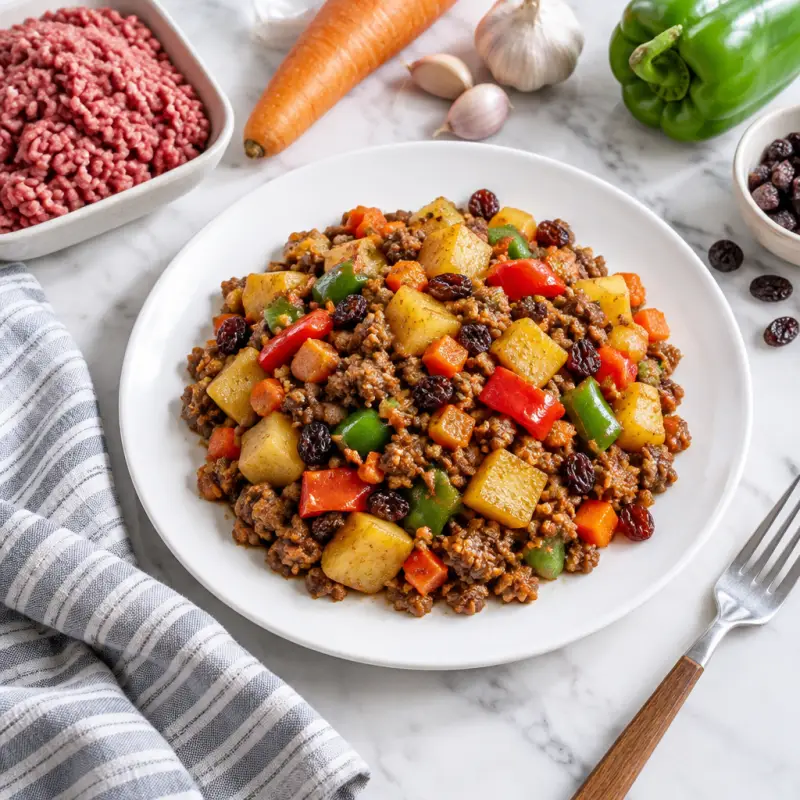 Filipino Beef Skillet (Giniling) with Potatoes, Peppers & Raisins, plated