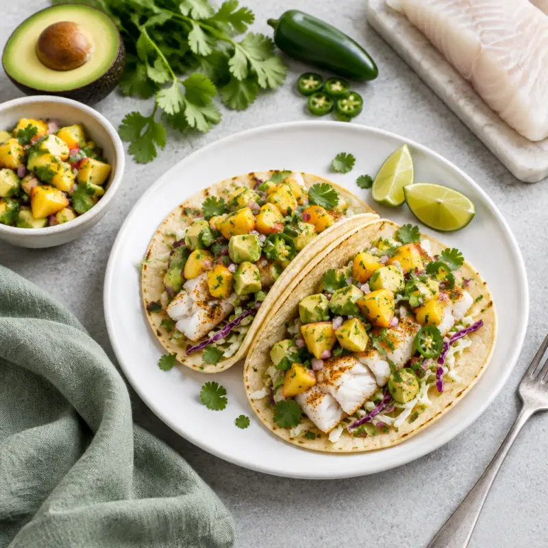 Fish Tacos with Avocado-Peach Salsa, plated