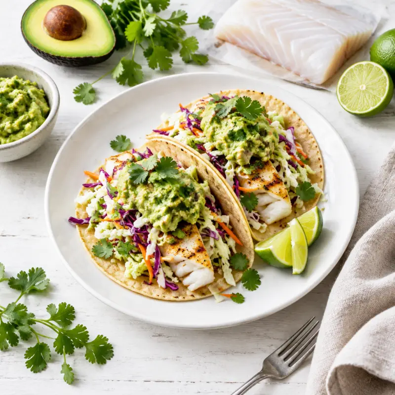 Fish Tacos with Guacamole & Napa Cabbage Slaw, plated