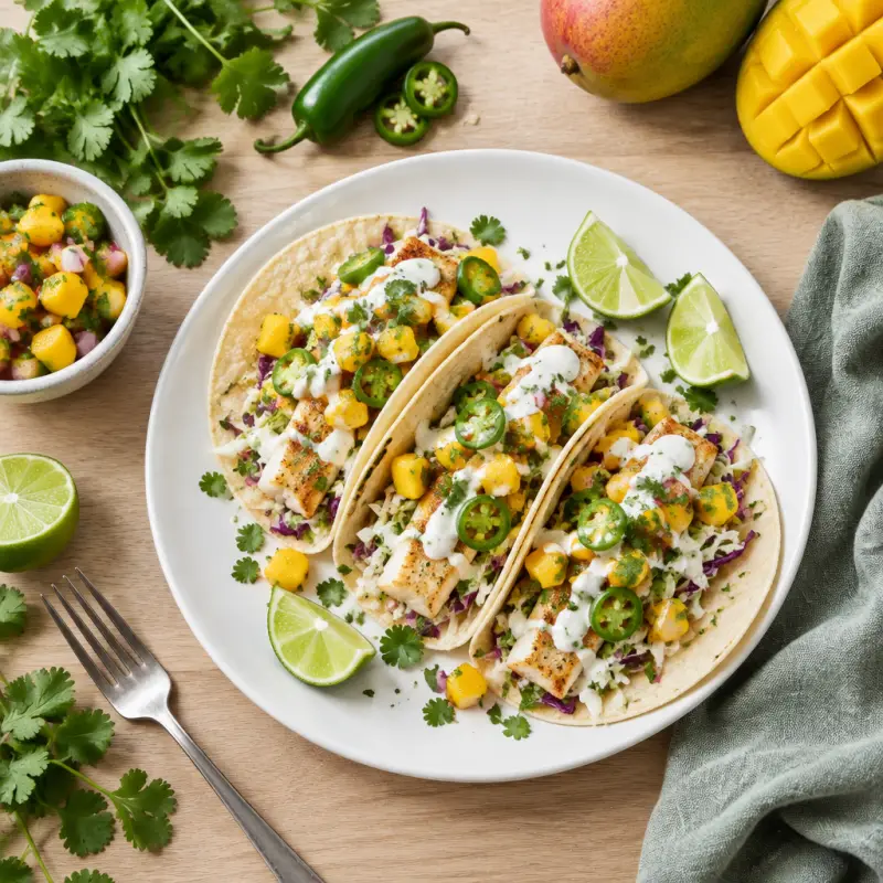 Fish Tacos with Mango-Jalapeño Salsa & Lime Crema, plated