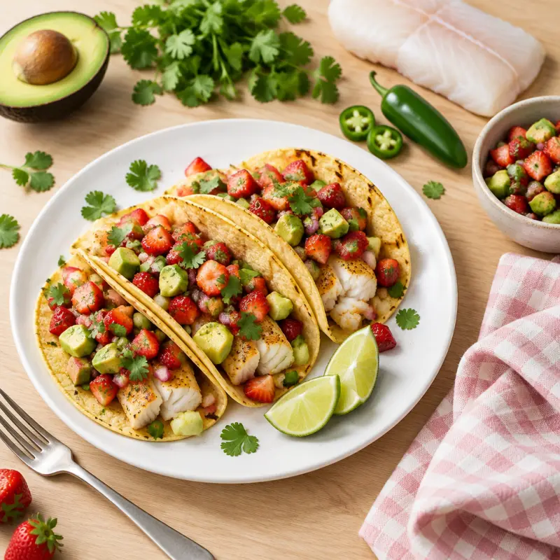 Fish Tacos with Strawberry-Avocado Salsa, plated