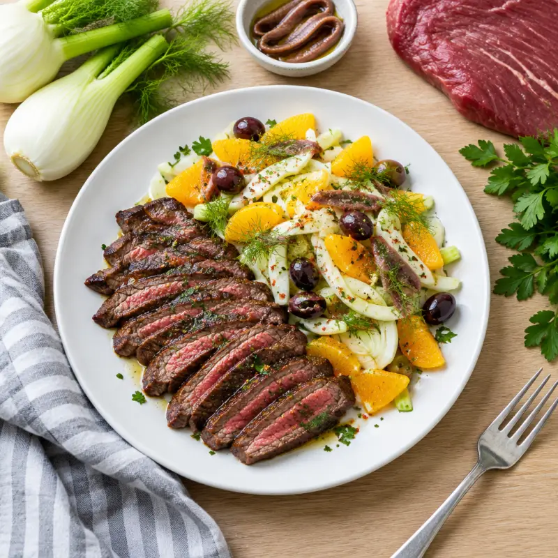 Flank Steak with Italian-Style Spicy Fennel, Orange & Olive Salad, plated