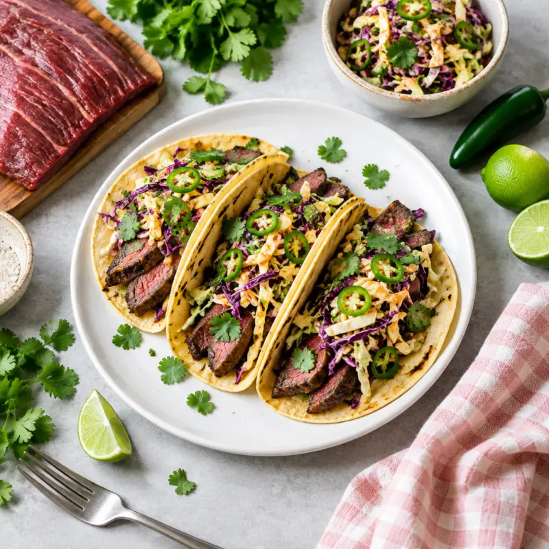 Flank Steak Street Tacos with Cilantro & Spicy Cabbage-Jalapeño Slaw, plated