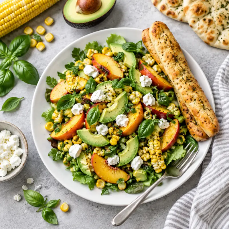 Fresh Corn, Peach, Avocado & Goat Cheese Salad with Garlic Breadsticks, plated