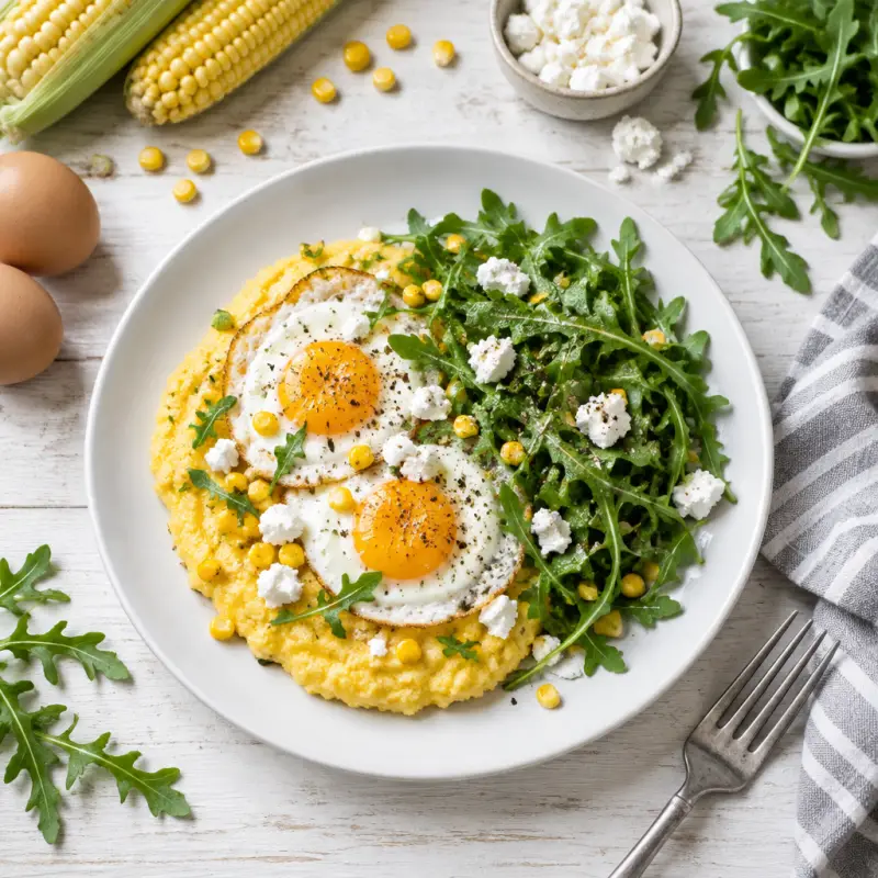 Fresh Corn "Polenta" with Fried Eggs & Goat Cheese-Arugula Salad, plated