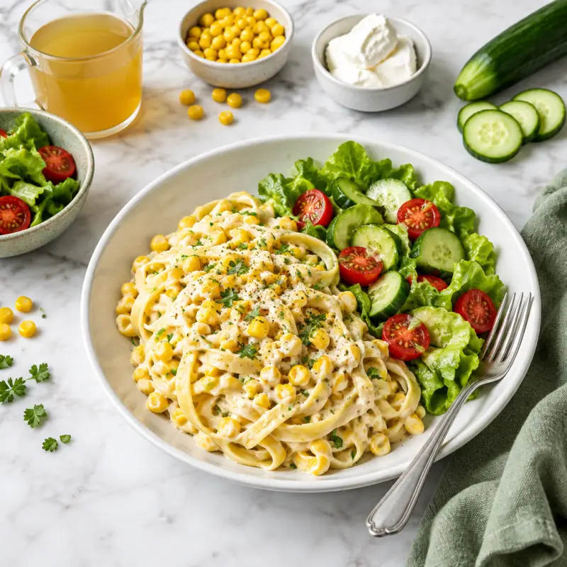 Fresh Creamed Corn Fettuccine with Lettuce, Cucumber & Tomato Salad, plated