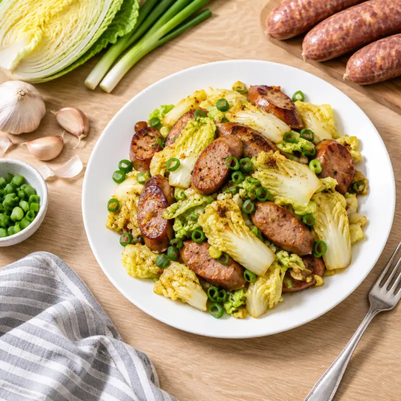 Fried Cabbage Skillet with Sausages, plated