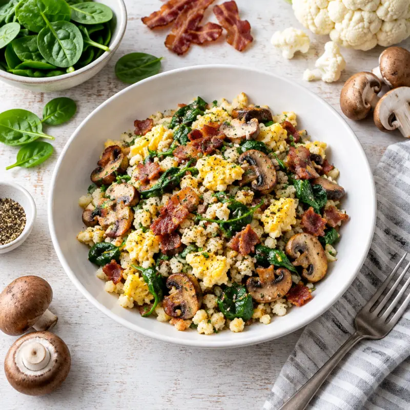 Fried Cauliflower Rice with Bacon, Spinach, Mushrooms & Eggs, plated